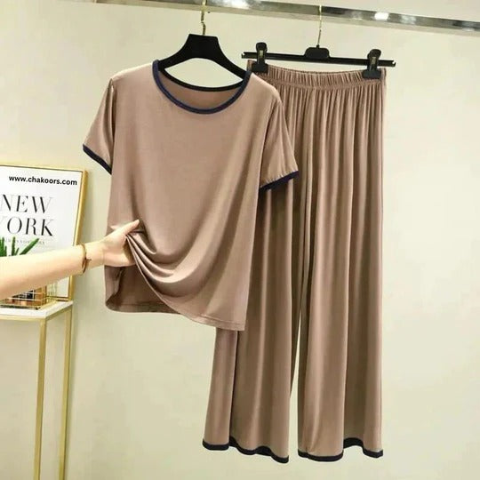 Coffee Colour Tshirt With Black Round Neck And PLazo Pajama (Half Seeleve)