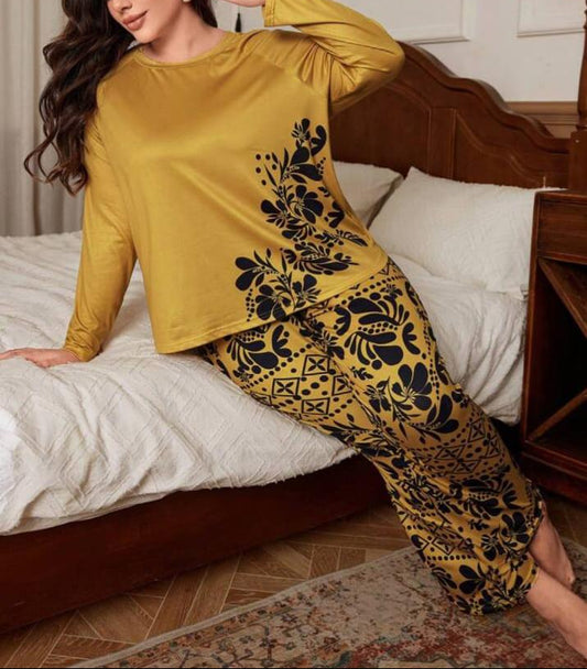 Maroon Leaves Printed Night Suit