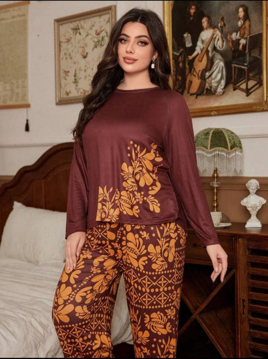 Golden Leaves Printed Night Suit
