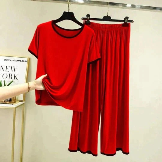 Red Tshirt With Black Round Neck And Plaazo Pajama (Half Seleeve)