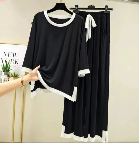 Black With White Round Neck Flapper Pajama Night Suit