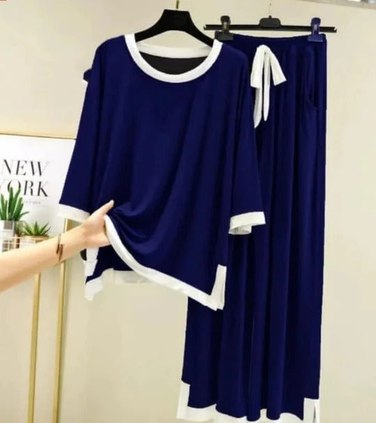 Navy Blue White Round Neck Night Suit