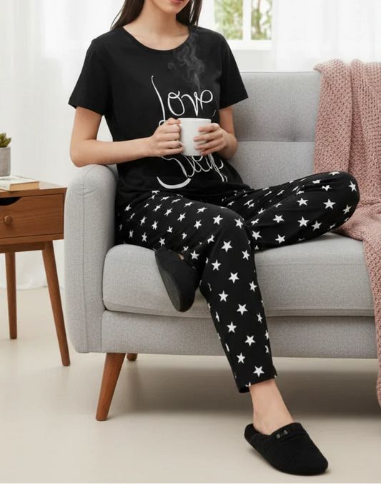 Black Printed Night Suit