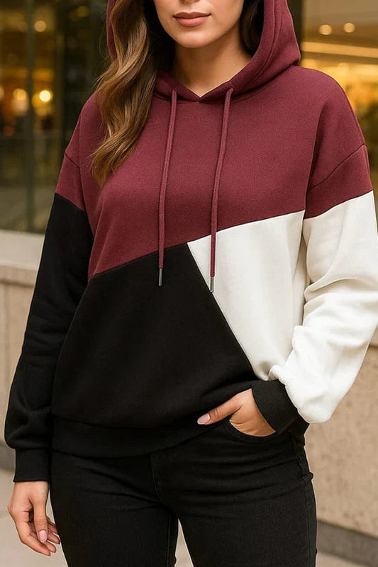 Maroon Black and White Cut and Sew Kangaroo Hoodie