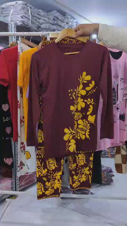 Golden Leaves Printed Night Suit